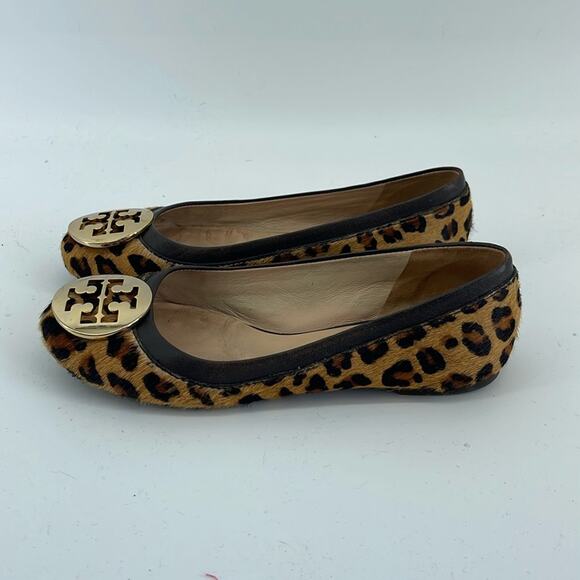Tory Burch Reva calf skin leather leopard print slip on ballet flat shoes sz 6.5 - Picture 2 of 7